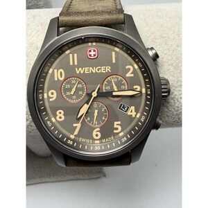 Wenger Mens Chronograph Watch New Battery 43MM 8" Leather Band Swiss Made